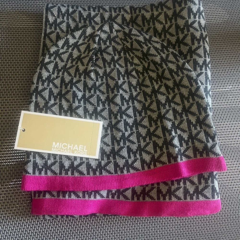 Michael Kors Black and Pink Scarf and Hat